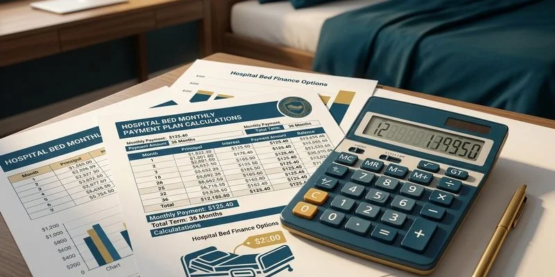 Calculator and financial documents showing hospital bed monthly payment plan calculations on desk