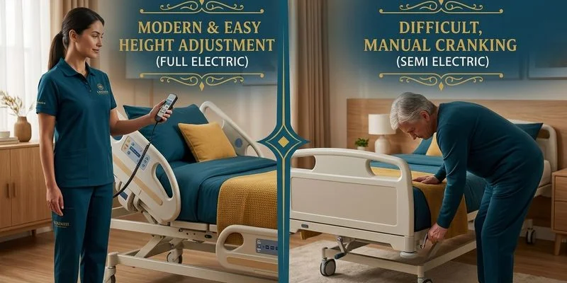 Caregiver easily adjusting fully-electric hospital bed height with pendant versus manually cranking semi-electric