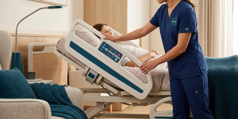 Caregiver adjusting hospital bed height to ergonomic working position before providing daily care