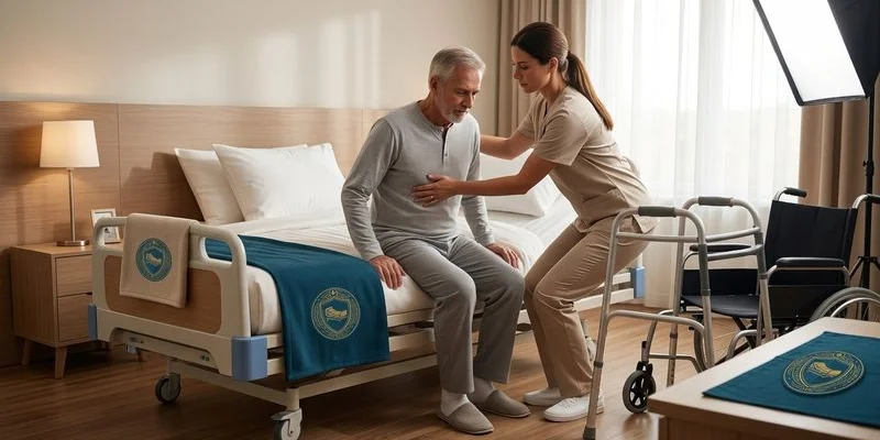 Caregiver assisting patient with bed transfer using proper body mechanics and hospital bed height adjustment