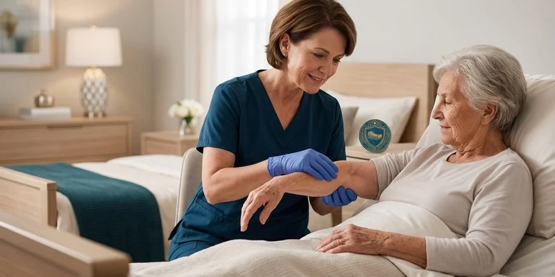 Caregiver performing skin inspection at common pressure points during daily hospital bed care routine