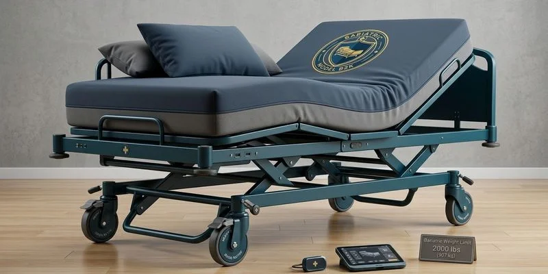 Close-up view of bariatric hospital bed reinforced steel frame and heavy-duty caster lock system