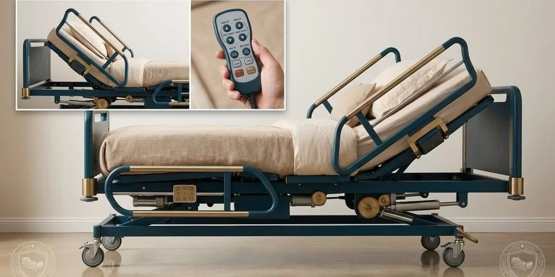 Detailed view of hospital bed features including pendant control and adjustable rails