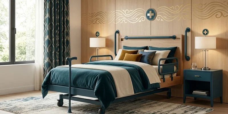 Bright and comfortable home bedroom designed for aging in place with hospital bed and accessible features