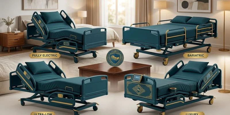 Comparison display of four different hospital bed categories including standard electric bariatric and luxury models