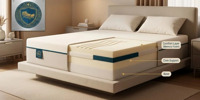 Cross-section diagram showing layers of therapeutic foam hospital bed mattress with memory foam comfort layer