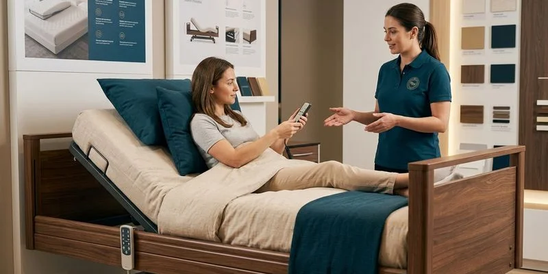 Customer testing hospital bed controls in showroom with specialist explaining features and differences