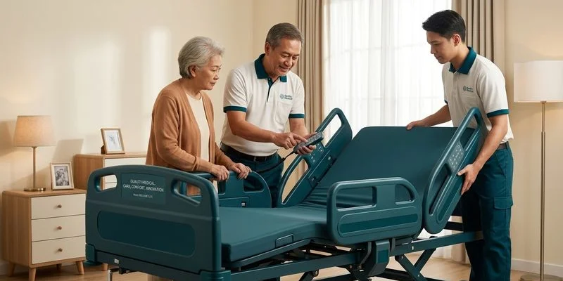 Delivery team member demonstrating pendant hand control functions to a family caregiver