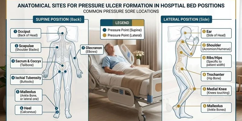 Diagram showing common pressure sore locations on the body when lying in a hospital bed position