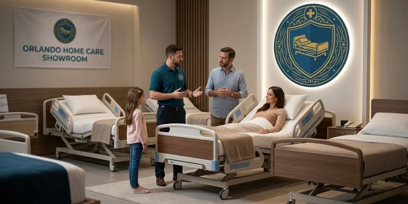 Family consulting with a hospital bed specialist in a showroom with multiple bed models on display