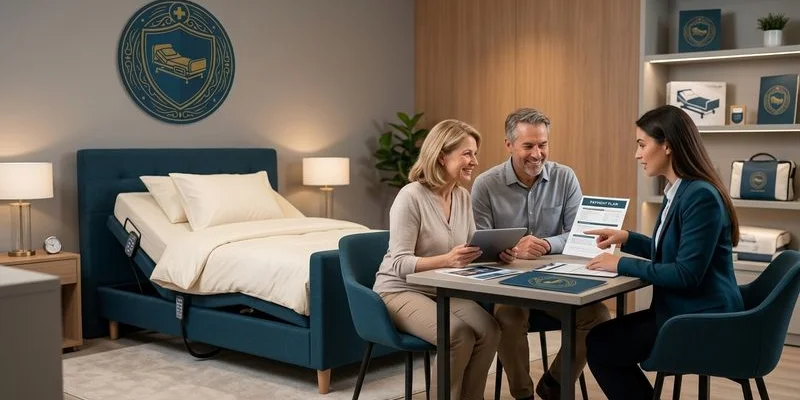 Family discussing hospital bed payment plan options with financing specialist at medical equipment store