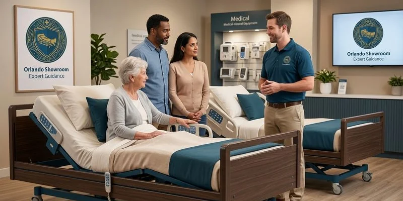 Family reviewing hospital bed options in Orlando showroom with specialist providing guidance