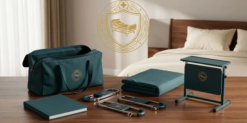 Hospital bed package contents laid out showing bed frame mattress side rails overbed table and accessories