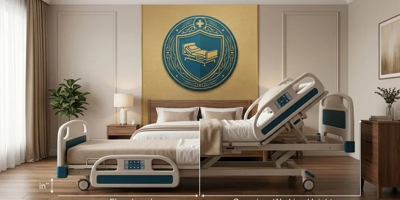 Hospital bed demonstrating height adjustment range from low floor position to elevated caregiver height