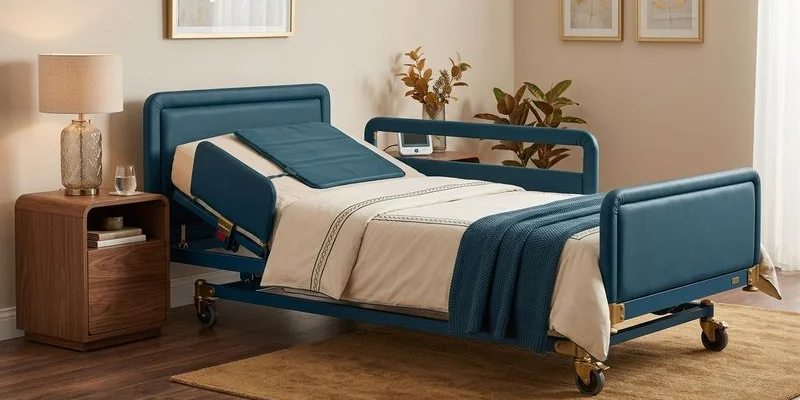 Hospital bed equipped with bed alarm sensor pad and ultra-low positioning for dementia patient safety
