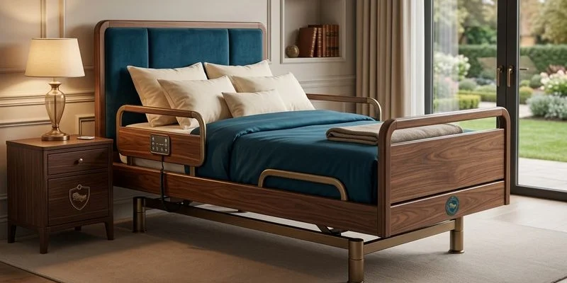 Luxury hospital bed with custom walnut wood finish and upholstered headboard in elegant home bedroom