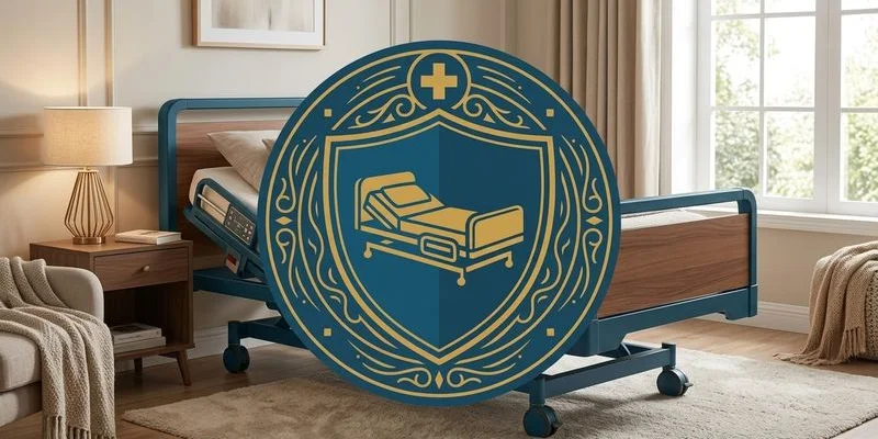 Hospital bed set up in a bright home bedroom with natural light and comfortable surroundings