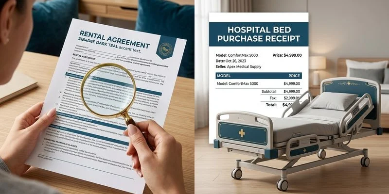 Person reviewing rental agreement fine print alongside hospital bed purchase receipt for comparison