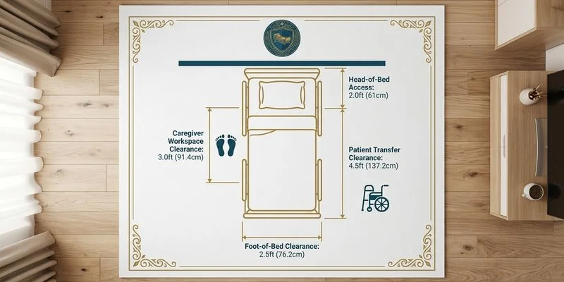 Room layout diagram showing hospital bed placement with measurements for caregiver clearance areas
