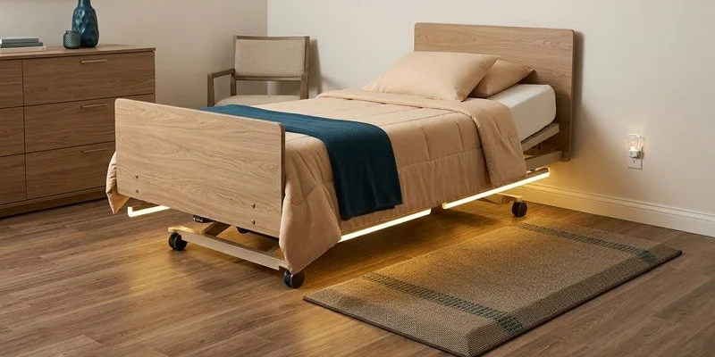 Safe dementia care bedroom with ultra-low hospital bed, nightlights, padded floor mats, and clear pathways