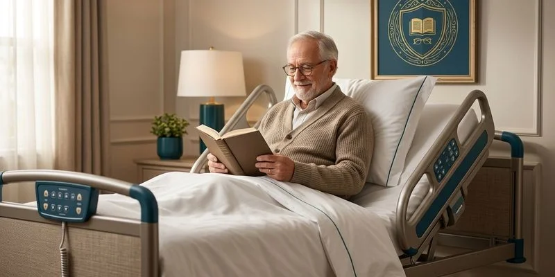 Senior comfortably reading in an adjustable hospital bed with raised head section in a home bedroom