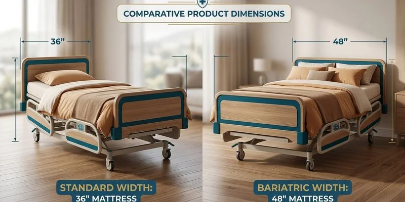 Side view comparison of standard width and bariatric width hospital beds showing size difference