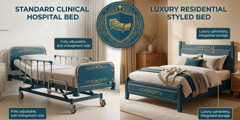 Side-by-side comparison of standard clinical hospital bed and luxury residential-styled hospital bed