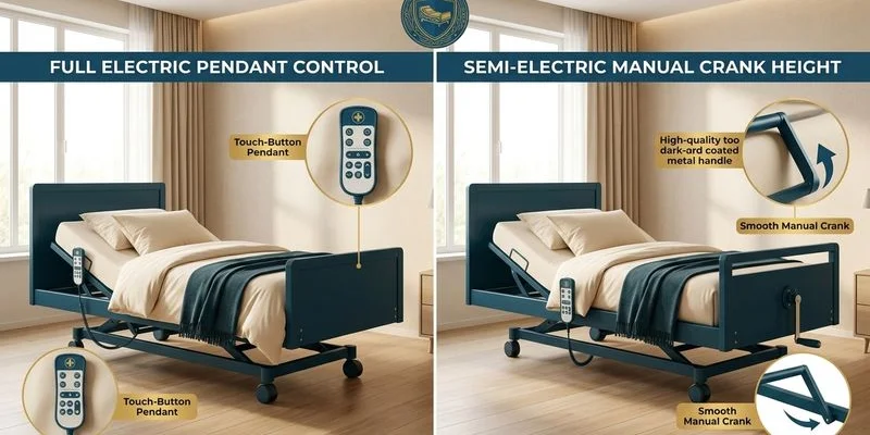 Side-by-side view of fully-electric hospital bed pendant control versus semi-electric manual crank mechanism