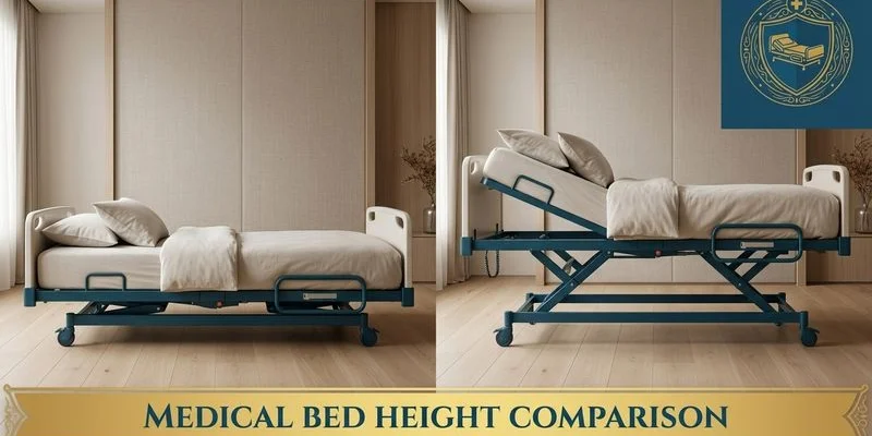 Side view comparison showing ultra low bed at floor level versus standard height hospital bed positions