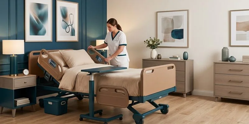 Spacious home bedroom set up with bariatric hospital bed showing adequate room clearance for mobility