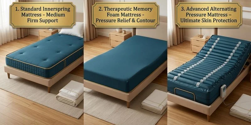 Three hospital bed mattress types displayed side by side for comparison of thickness and construction
