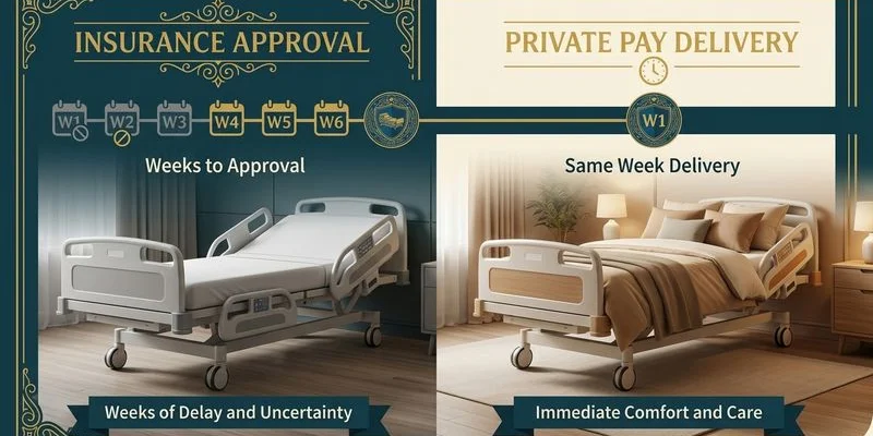 Comparison timeline showing insurance approval process taking weeks versus same-week private pay delivery