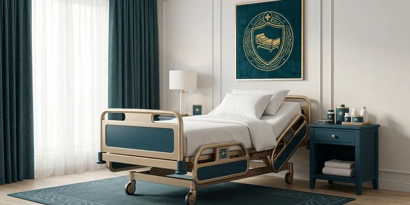 Well-organized home recovery room with hospital bed, bedside table, and clear pathway to bathroom