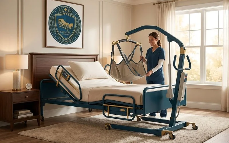 Bariatric patient lift system positioned alongside an extra-wide hospital bed demonstrating the generous frame clearance for safe transfers