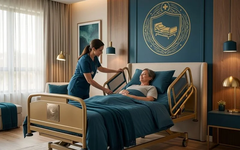 Caregiver adjusting the safety enclosure and positioning of a special needs hospital bed for an adult patient in comfortable Orlando home setting