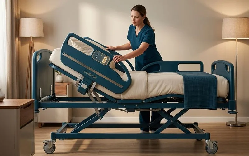 Caregiver raising an ultra low hospital bed from floor level to standard working height for patient care and daily assistance activities