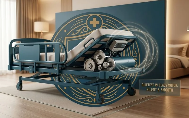 Close-up of whisper-quiet motor assembly inside a premium hospital bed frame demonstrating the silent operation technology and smooth mechanisms