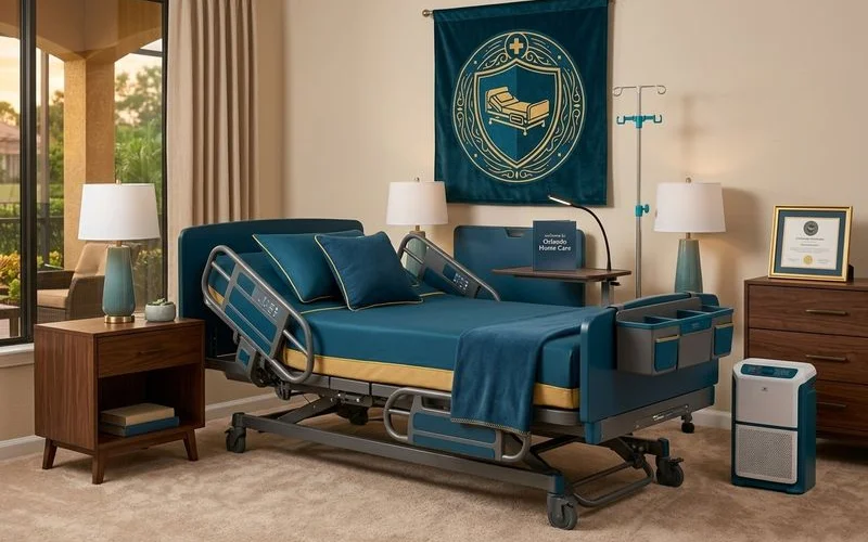 Complete hospital bed package fully assembled and ready for use in a warm and welcoming Orlando home bedroom with all accessories in place