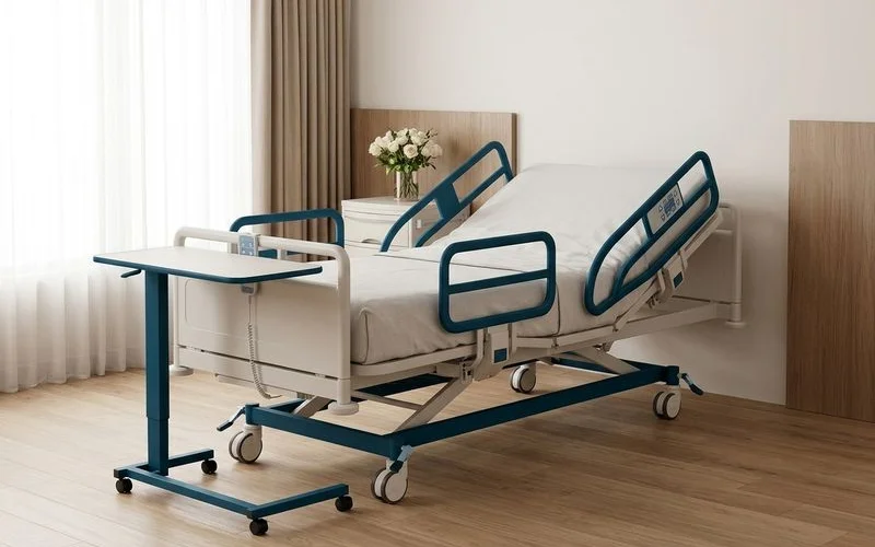 Complete hospital bed package laid out showing the fully-electric bed frame, therapeutic mattress, safety side rails, and overbed table together