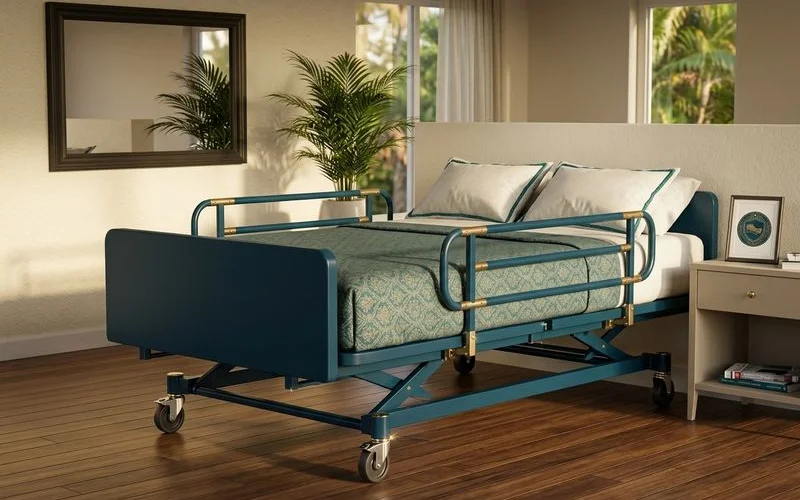 Extra-wide bariatric hospital bed with 48-inch deck width and reinforced steel frame positioned in a comfortable Orlando home bedroom