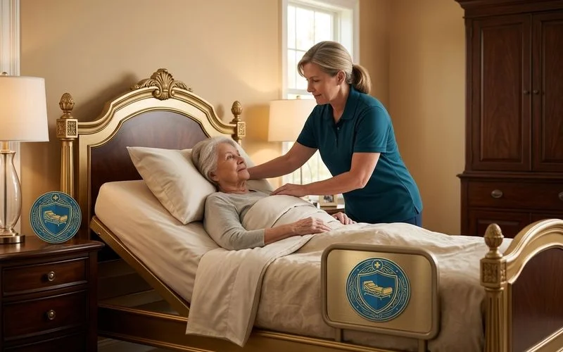Family caregiver assisting a senior loved one in a hospital bed at comfortable working height reducing physical strain in Orlando home