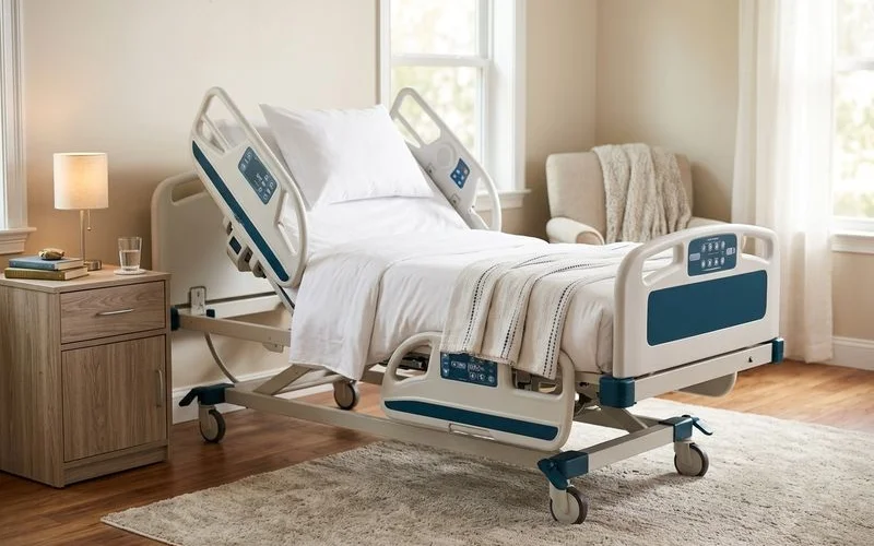 A fully-electric hospital bed positioned in the semi-Fowler position inside a bright and welcoming Orlando home bedroom with natural light