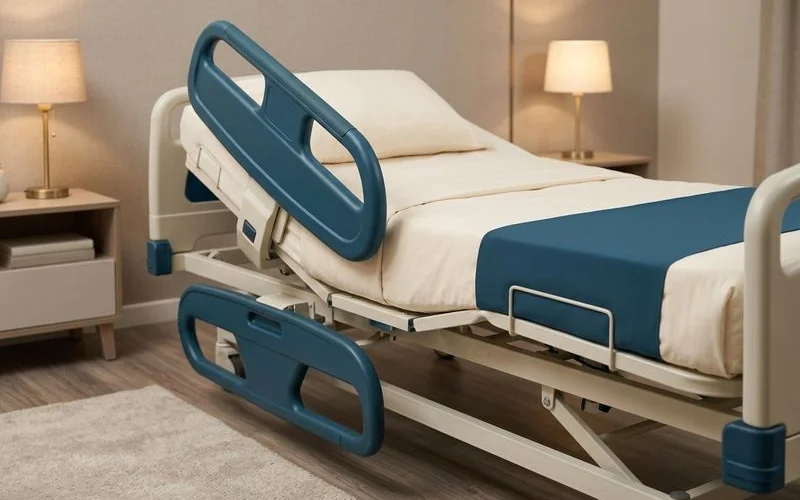 Half-rail safety system installed on hospital bed showing the upper rail providing support while leaving lower section open for easy bed entry