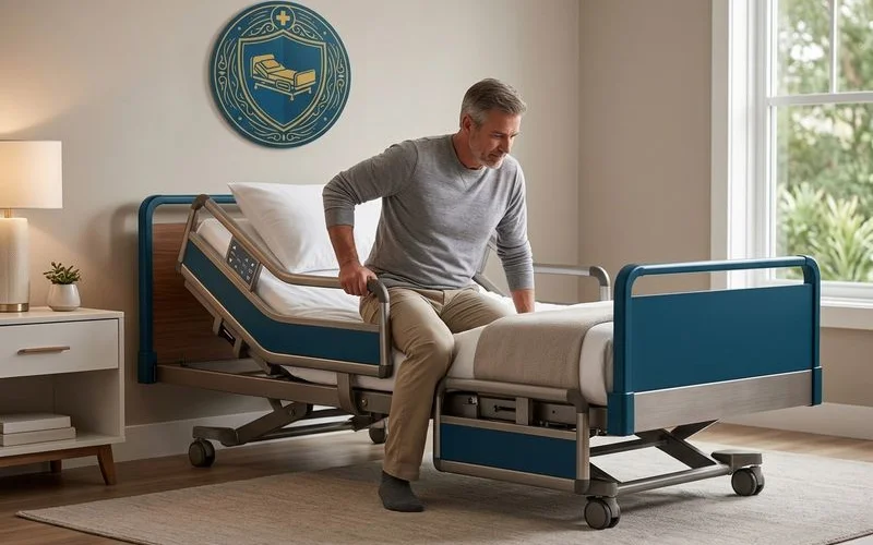 Hi-Lo adjustable hospital bed lowered to chair level height showing a patient safely and easily entering the bed in an Orlando home