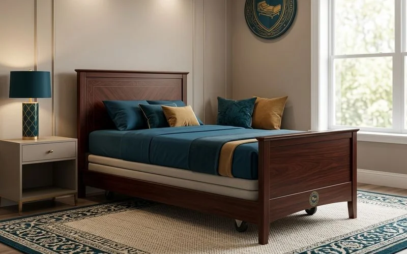 Luxury hospital bed with elegant dark wood headboard and residential styling positioned in a beautifully decorated Orlando home master bedroom