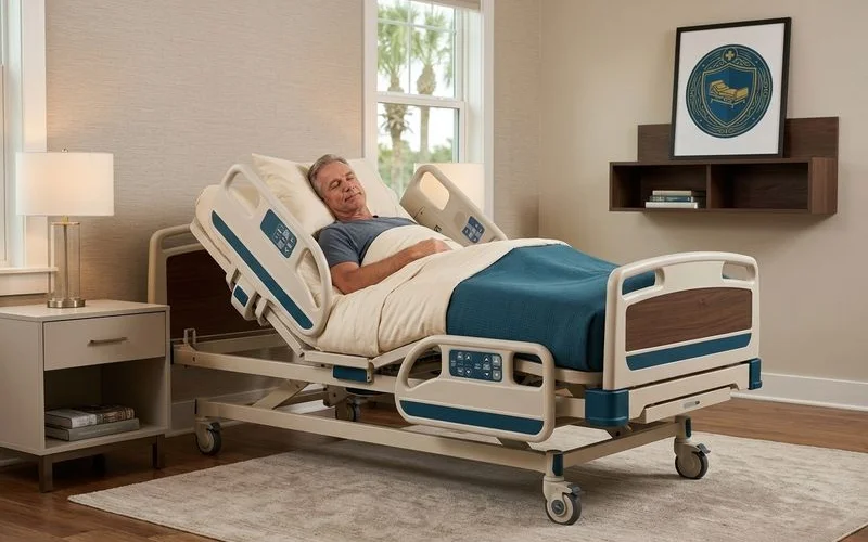 Patient resting comfortably in zero-gravity position on a Hi-Lo adjustable hospital bed in a peaceful Orlando home bedroom