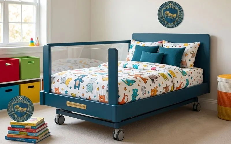 Pediatric special needs hospital bed with colorful bedding and child-friendly safety enclosure in a bright welcoming Orlando home child bedroom