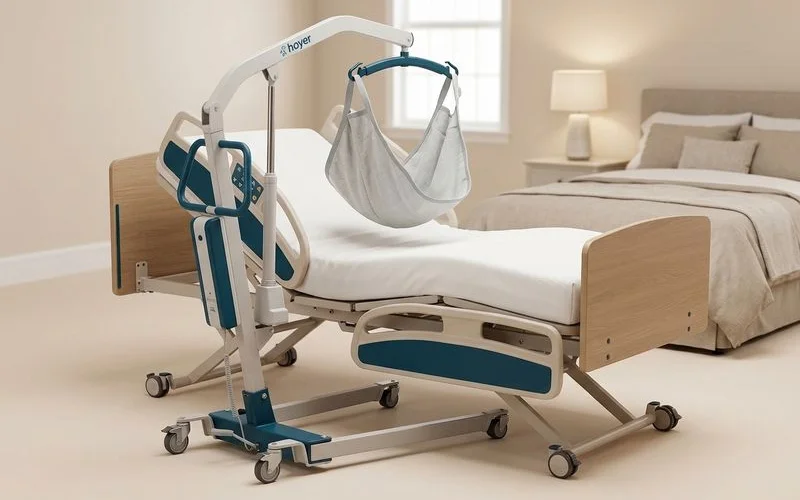 Portable Hoyer patient lift system positioned next to a Hi-Lo adjustable hospital bed demonstrating transfer compatibility in home setting
