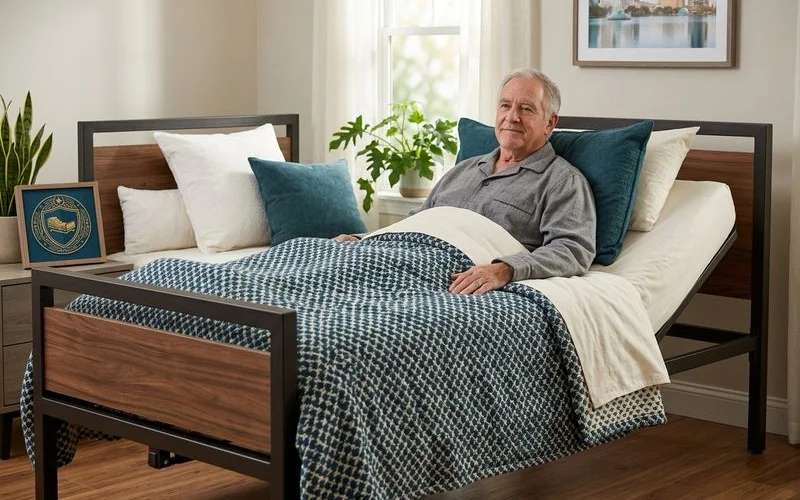 Senior patient comfortably resting in a hospital bed with residential styling and warm bedding in a cozy Orlando home aging in place