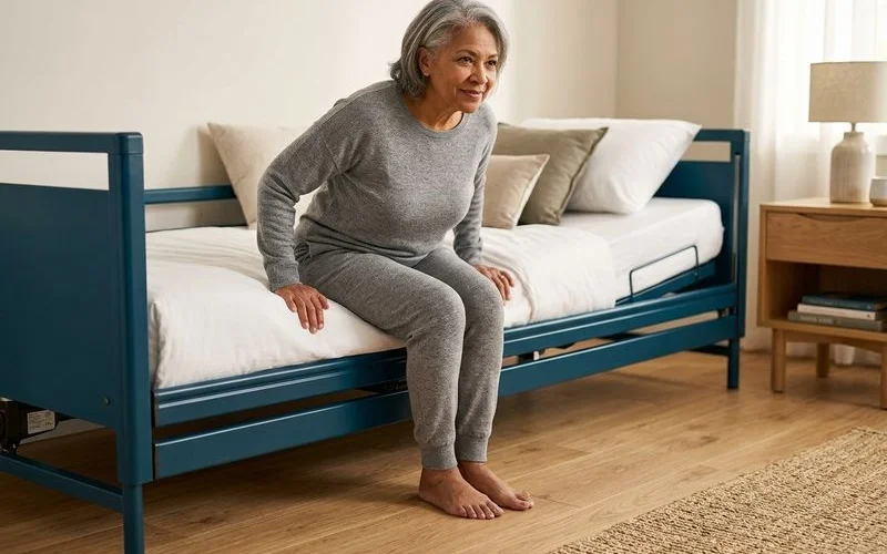 Senior sitting on edge of hospital bed at perfect easy-entry transfer height with feet flat on floor preparing to stand safely